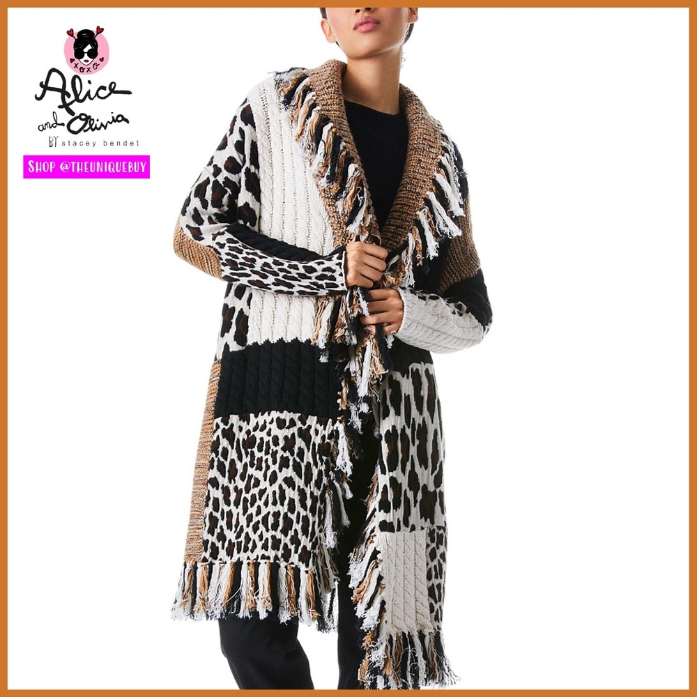 Alice + Olivia Gricelda Leopard Combo Patchwork Wool Blend Cardigan Sweater Coat